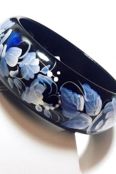 Wooden bracelet for women - handmade - black - blue - white